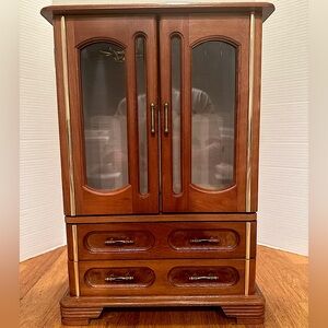 Rare XL Vintage Jewelry Armoire Solid Wood Glass Door Cabinet Velvet Storage 18”